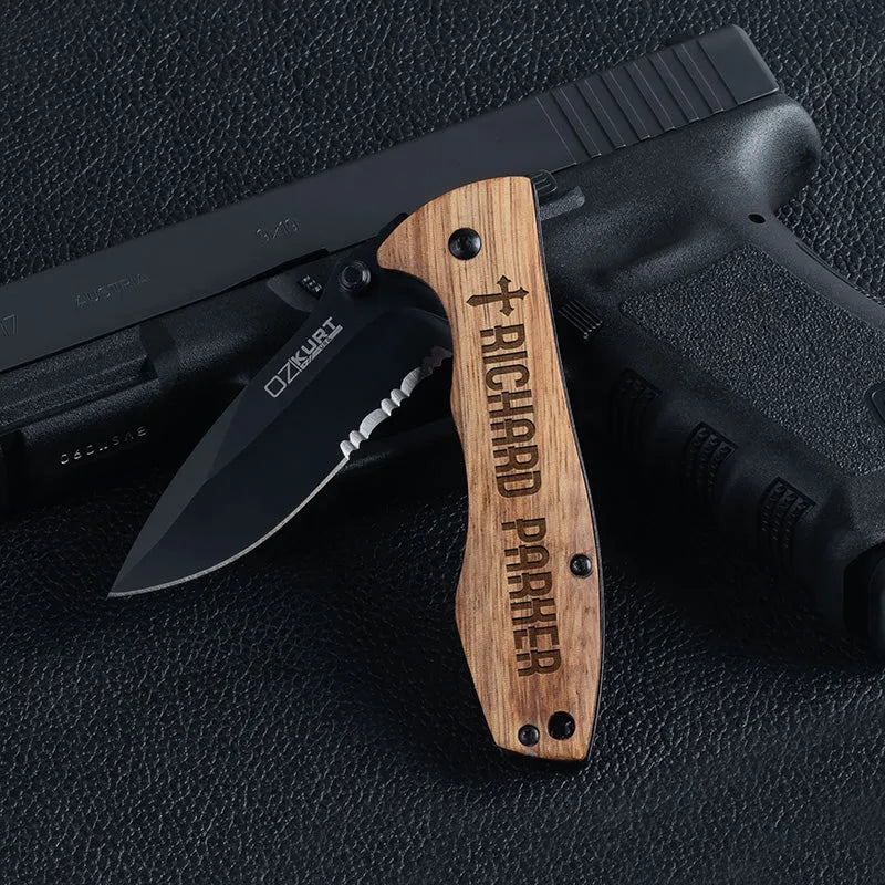 Personalized Spring Assisted Pocket knife - Oak Wood - GiftShire