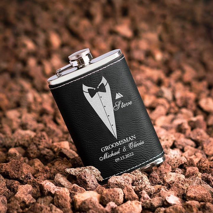Personalized Thin Leather Flask, Custom Suit Up Groomsmen Flask, Gift for Him - GiftShire