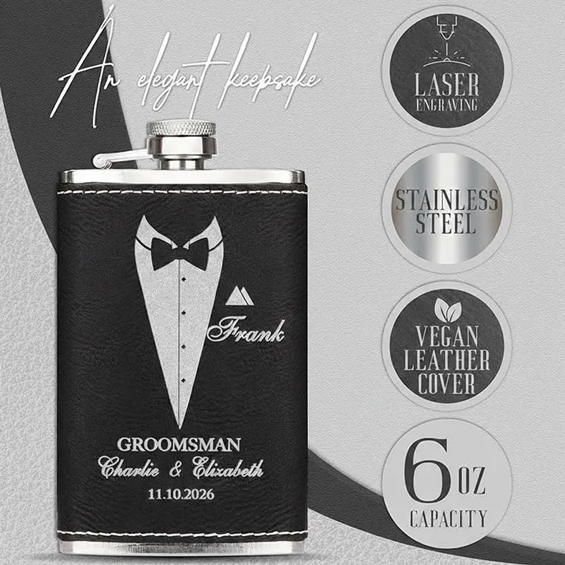 Personalized Thin Leather Flask, Custom Suit Up Groomsmen Flask, Gift for Him - GiftShire
