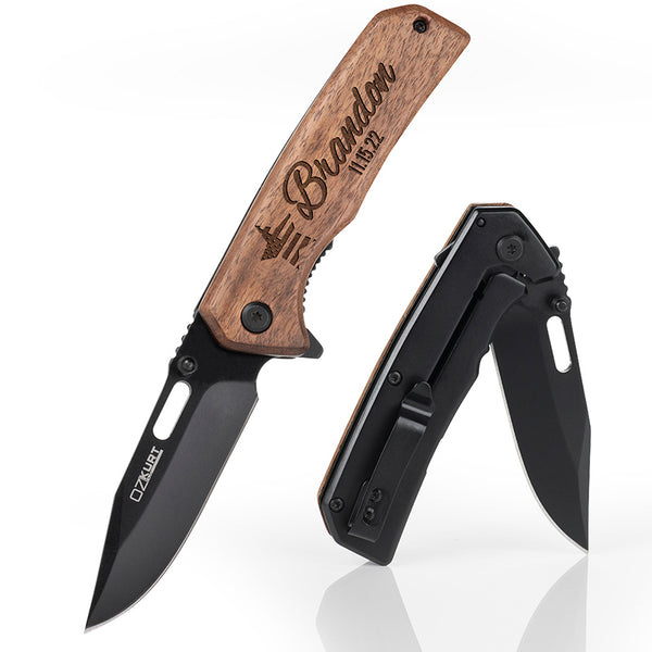Personalized Walnut Knife with Pocket Clip - GiftShire