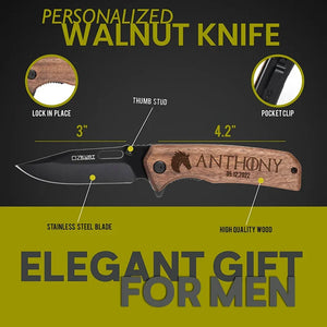 Personalized Walnut Knife with Pocket Clip - GiftShire