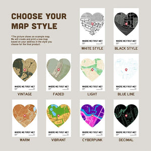 A map-style style guide showing example heart-shaped city maps with labels for White Style, Black Style, Vintage, Faded, Light, Blue Line, Warm, Vibrant, Cyberpunk, and Decimal options under the heading 'Choose Your Map Style'.