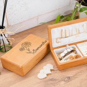Portable Birth Flower Wooden Jewelry Box for Her with a Custom name - GiftShire