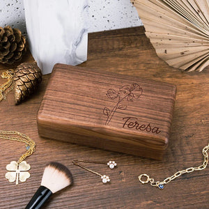 Portable Birth Flower Wooden Jewelry Box for Her with a Custom name - GiftShire