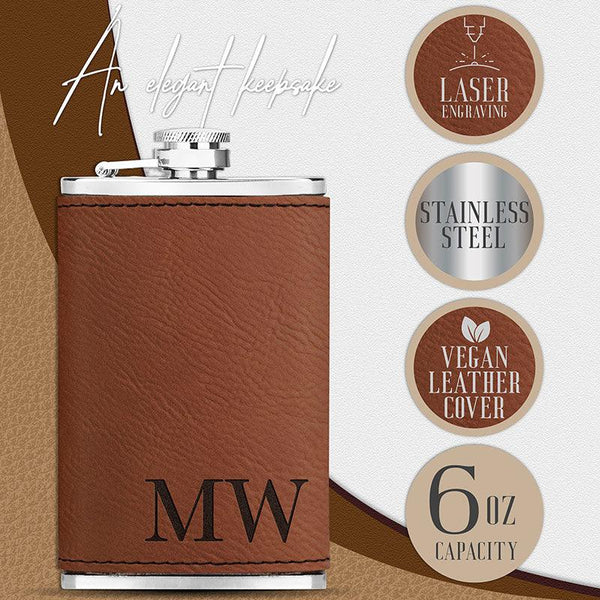 Thin Leather Flask, Personalized Initial Flask, Leather Rawhide Flask
