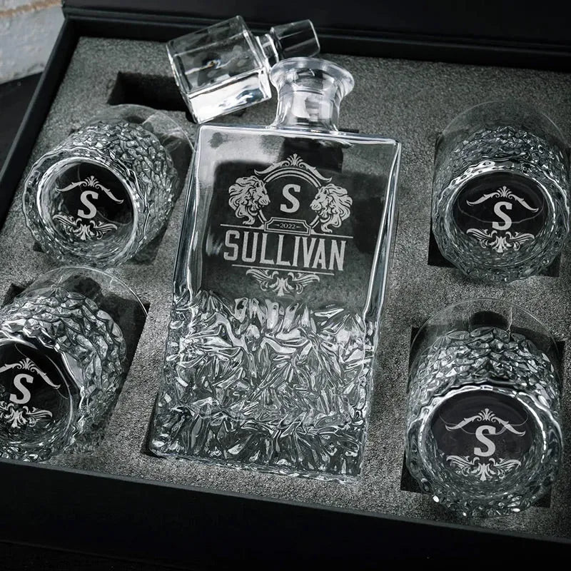 Unique Decanter Set with Custom Logo, Initial and Name - GiftShire
