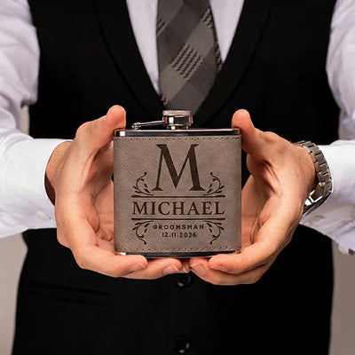 Vegan Leather Engraved Wedding Flask for Groomsmen - GiftShire
