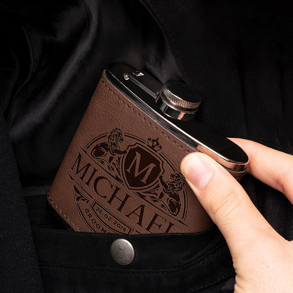 Vegan Leather Engraved Wedding Flask for Groomsmen - GiftShire