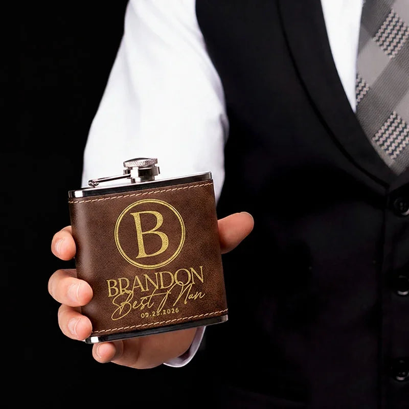 Vegan Leather Engraved Wedding Flask for Groomsmen - GiftShire