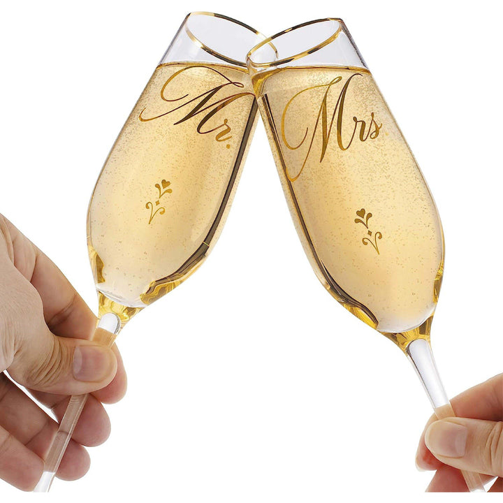 Bride and Groom Champagne Glasses (8 oz), Gold Print Mr and Mrs Glasses for Wedding Glasses and Toasting Flutes, Bridal Shower Gifts, Engagement Gift, Comes with Gift Box and Note Card | B08B6WWNQZ - GiftShire