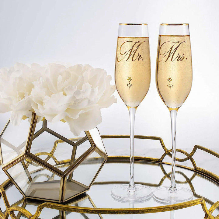 Bride and Groom Champagne Glasses (8 oz), Gold Print Mr and Mrs Glasses for Wedding Glasses and Toasting Flutes, Bridal Shower Gifts, Engagement Gift, Comes with Gift Box and Note Card | B08B6WWNQZ - GiftShire