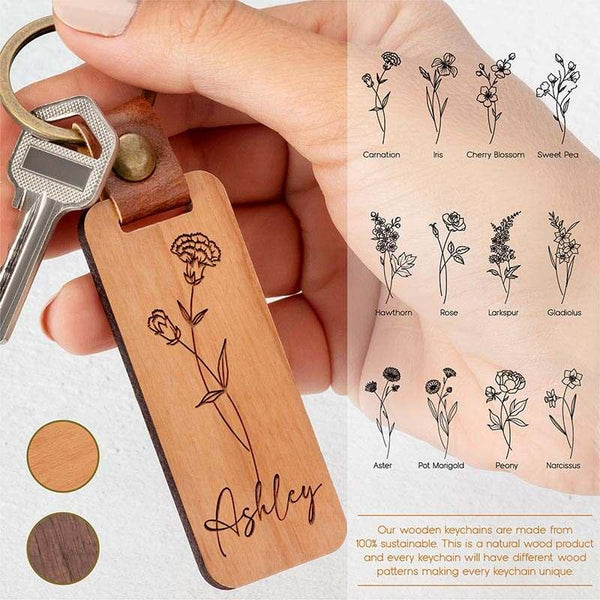 Wooden Birth Flower Keychain - GiftShire