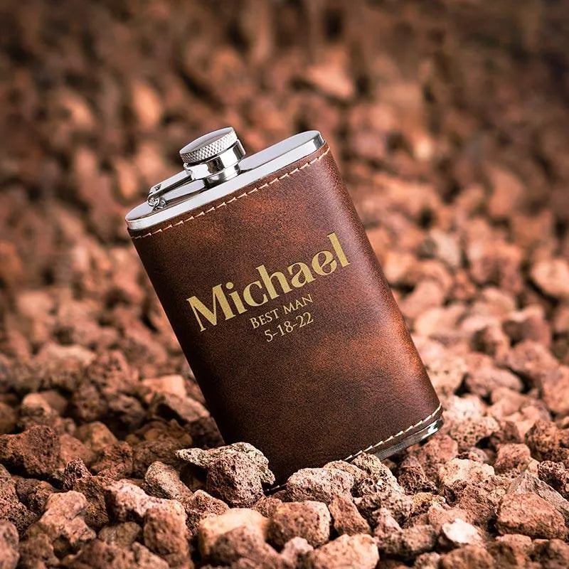 Custom Groomsmen Flask, Rustic Leatherette Flask, Gift for Him - GiftShire