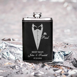 Personalized Thin Leather Flask, Custom Suit Up Groomsmen Flask, Gift for Him - GiftShire