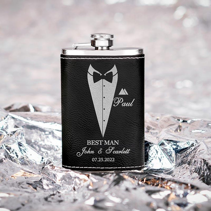 Personalized Thin Leather Flask, Custom Suit Up Groomsmen Flask, Gift for Him - GiftShire