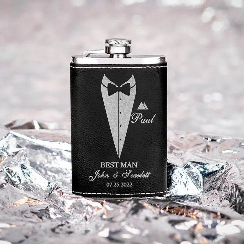 Personalized Thin Leather Flask, Custom Suit Up Groomsmen Flask, Gift for Him - GiftShire