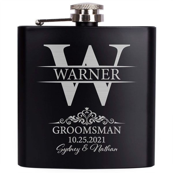 Initial and Family Name - Black Stainless Steel Liquor Flask | B07NVZ13TZ - D8 - GiftShire