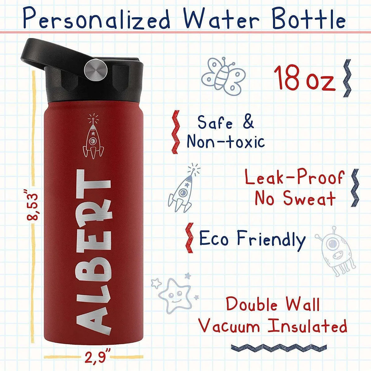 Personalized Kids Water Bottle for School, Daycare - GiftShire