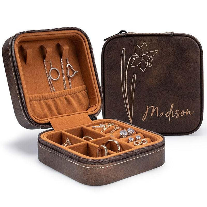 Luxurious Travel Jewelry Box for Women with Custom Birth Flower - GiftShire