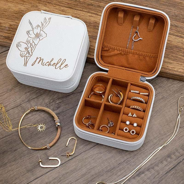Luxurious Travel Jewelry Box for Women with Custom Birth Flower - GiftShire