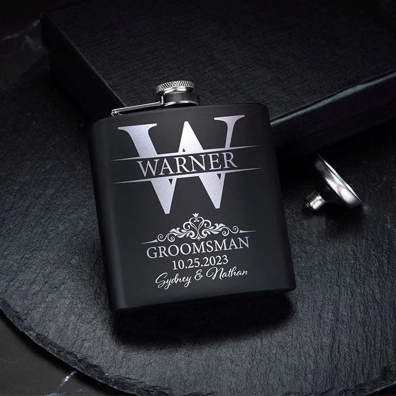 Personalized Initial Flask, Stainless Black Flask, Gift for Him - GiftShire