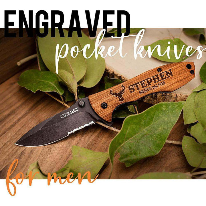 Personalized Oak Wood Pocket Knife With Name And Icon - Custom Engraved Pocket Knives | B09716Y915 - NAME&ICON - GiftShire