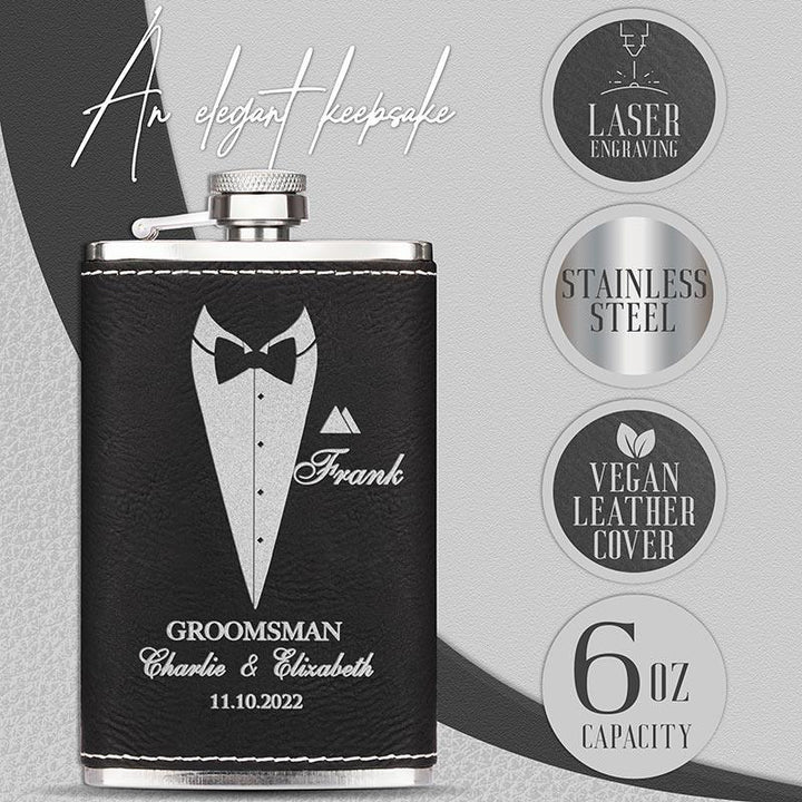 Personalized Thin Leather Flask, Custom Suit Up Groomsmen Flask, Gift for Him - GiftShire
