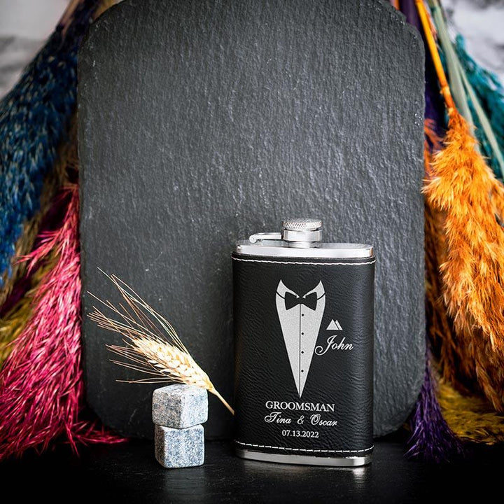 Personalized Thin Leather Flask, Custom Suit Up Groomsmen Flask, Gift for Him - GiftShire