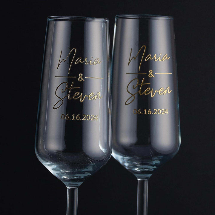 Personalized Wedding Champagne Flutes for Bride and Groom - Set of 2, 7 oz - Champagne Glasses for Engagement with Your Names and Date | B0BSH6WY49 - GiftShire