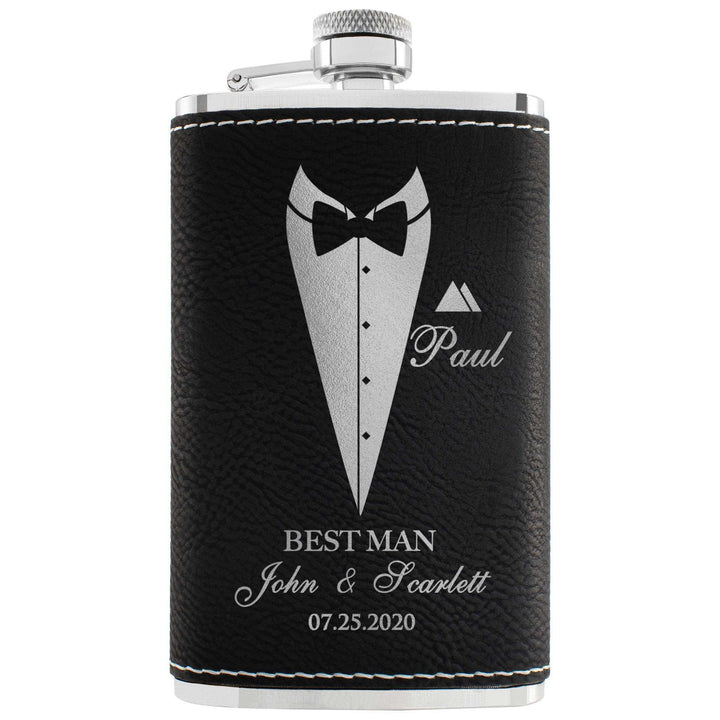 Suit Up Groomsmen, Black Leatherette Liquor Flask | B089WKZ3W6 - D2 - GiftShire